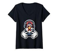 Women's Funny Chicken Gamer Tee Gaming Headset Gamepad Video Games V-Neck T-Shirt
