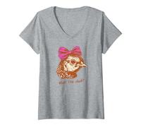 Womens Funny Chicken Humor Shirts “What The Cluck?” Hen with Bow V-Neck T-Shirt
