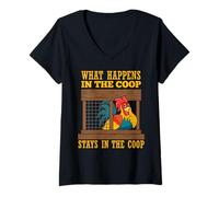 Womens Funny Chicken Humor What Happens in Coop Poultry Farming V-Neck T-Shirt
