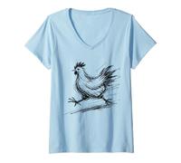 Women's Funny Chicken Running Scribble Line Art Sketch Farm Animal V-Neck T-Shirt