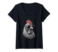 Women's Funny Chicken Version Retro Rooster Sunglasses V-Neck T-Shirt