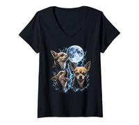 Women's Funny Chihuahua Howling Moon Storm Dog Lover Meme Design V-Neck T-Shirt