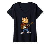 Womens Funny Chill Cat Playing a Guitar Guys Dad Rock & Roll V-Neck T-Shirt