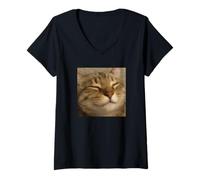 Womens Funny Chill Sleepy Cat Face Blurry Photo Meme V-Neck T-Shirt