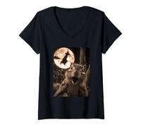 Womens Funny Chipmunk Selfie with Full Moon Flying Witch Halloween V-Neck T-Shirt