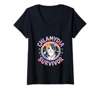 Women's Funny Chlamydia Survivor Kawaii Anime Cat V-Neck T-Shirt