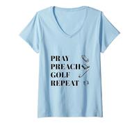 Womens Funny Christian Pray Preach Golf Repeat Pastor Minister V-Neck T-Shirt