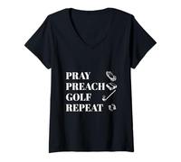 Womens Funny Christian Pray Preach Golf Repeat Pastor Minister V-Neck T-Shirt