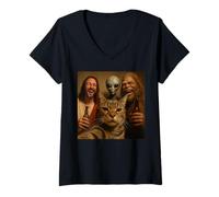 Womens Funny Christmas Cat Selfie Bigfoot an Alien & Jesus Meme V-Neck T-Shirt