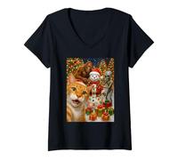 Womens Funny Christmas Cat Selfie with Bigfoot Alien & Snowman V-Neck T-Shirt