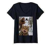 Womens Funny Christmas Cat Selfie with Bigfoot Alien & Snowman V-Neck T-Shirt