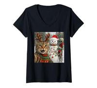 Womens Funny Christmas Cat Selfie with Bigfoot Alien & Snowman V-Neck T-Shirt