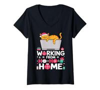 Womens Funny Christmas Ho Ho Home Cat Lover Remote Work V-Neck T-Shirt