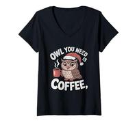 Womens Funny Christmas Santa Hat Gift Owl You Need is Coffee Lover V-Neck T-Shirt
