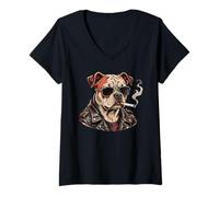 Womens Funny Cigarette Bulldog Smoking Pet Meme Gen Z V-Neck T-Shirt