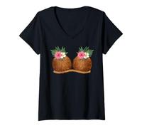 Women's Funny Coconut Boobs Tiki Luau Hula Hawaiian Coconut Bra V-Neck T-Shirt