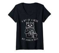 Womens Funny Coffee Cat Tired Mood at Work V-Neck T-Shirt