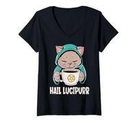Womens Funny Coffee Love Satanic Cat Hail Lucipurr V-Neck T-Shirt
