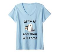 Womens Funny Coffee Lovers Brew It And They Will Come Cute Seagull V-Neck T-Shirt