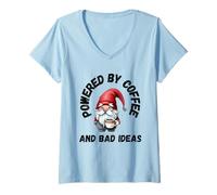 Womens Funny Coffee Lovers Powered by Coffee and Bad Ideas Gnome V-Neck T-Shirt
