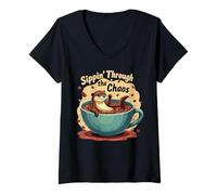 Womens Funny Coffee Otter Design, Sippin’ Through The Chaos V-Neck T-Shirt