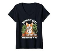 Women's Funny Corgi Maybe Plants are Addicted to Me Dog V-Neck T-Shirt