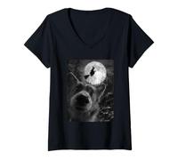 Womens Funny Corgi Selfie with Full Moon Flying Witch Halloween Dog V-Neck T-Shirt