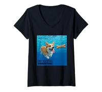 Womens Funny Corgi Swimming Underwater V-Neck T-Shirt