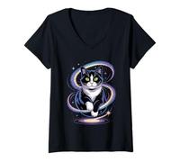 Womens Funny Cosmic Cat Floating Space Kitty Galaxy Humor Women Men V-Neck T-Shirt