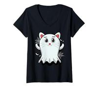 Women's Funny Costume Cute Cat Ghost Halloween V-Neck T-Shirt