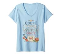 Women's Funny Count Twice Stitch Once Needlework V-Neck T-Shirt