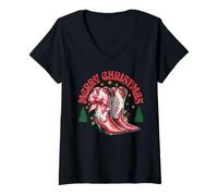 Womens Funny Cowboy Cowgirl Boots Merry Christmas V-Neck T-Shirt