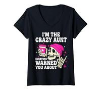 Women's Funny Crazy Aunt Skeleton Coffee Pink Beanie Graphic V-Neck T-Shirt