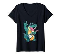 Women's Funny Crocodile Rock Music Guitarist Sunglasses Design V-Neck T-Shirt