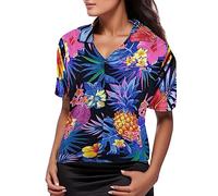 Women's Funny Cruise Hawaiian Shirts Tropical Caribbean Summer Beach Shirt Outfits Button Down Short Sleeve Leaf Floral Print Hawaiian Palm Tree Casual Party Clothes Leafy Print Golf Blue