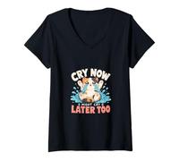 Women's Funny Crying Calico Cat Cry Now Might Cry Later Sarcastic V-Neck T-Shirt