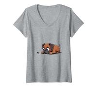 Womens Funny Curious Boxer Dog Watching a Tiny Ant V-Neck T-Shirt