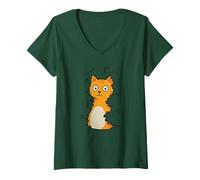 Womens Funny Curious Cat Emerging from a Bush Cartoon Style V-Neck T-Shirt