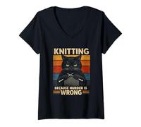 Women's Funny Cute Cat Knitting Bold Expression Retro Distressed V-Neck T-Shirt