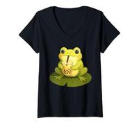 Womens Funny Cute Kawaii Frog Drinking Boba Tea V-Neck T-Shirt