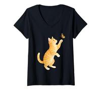 Womens Funny Cute Orange Tabby Cat Playing With Monarch Butterfly V-Neck T-Shirt