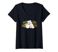 Women's Funny Cute Persian Cat Kitten with a Cup of Coffee V-Neck T-Shirt