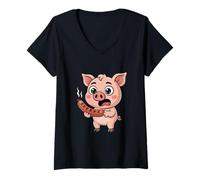 Womens Funny Cute Pig with Hot Sausage Barbecue Cartoon V-Neck T-Shirt