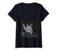 Womens Funny Cute Spooky Fat Wizard DJ Cat Vintage Tee Meme Costume V-Neck T-Shirt