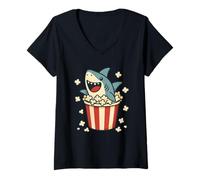 Womens Funny Cute White Shark in Popcorn Movie TV V-Neck T-Shirt
