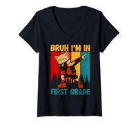 Womens Funny Dabbing Cat Bruh I'm in First Grade School V-Neck T-Shirt
