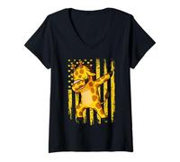 Womens Funny Dabbing Giraffe Dance Animal Lovers American Flag V-Neck T-Shirt