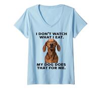 Womens Funny Dachshund Design My Dog Watches What I Eat V-Neck T-Shirt
