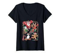 Women's Funny Dancing Santa Elf Reindeer Penguin V-Neck T-Shirt