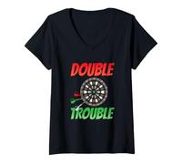 Women's Funny Dart Gift Dartboard Double Trouble Dart Saying V-Neck T-Shirt